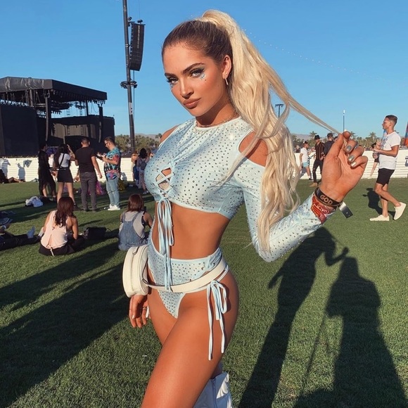 Baby Blue Rhinestone Cut Out Lace Up Long Sleeve Crop Top & Bottoms Rave Set - Picture 8 of 12